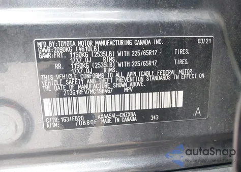 2021 Toyota Rav4 Le z USA, uszkodzony, nr VIN 2T3G1RFV7MC198467